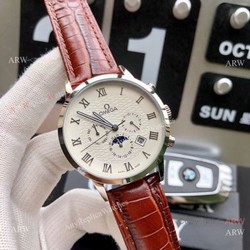 Best Replica Omega Complications Moonphase Watches SS Brown Leather Strap