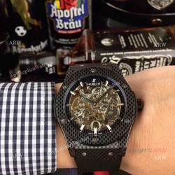Copy Hublot Classic Fusion Watches Skeleton Dial Black Rubber Strap