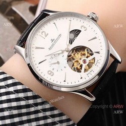 Fake Jaeger LeCoultre Tourbillon White Dial Black Leather Band Watch 42mm