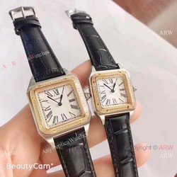 2019 New Cartier Santos Diamond Replica Watch Black Leather Strap Gold Bezel