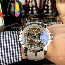Copy Roger Dubuis Excalibur Flying Tourbillon Watches SS Gray Leather Strap