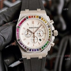Copy Audemars Piguet Royal Oak Rose Gold 42mm Rainbow Bezel Watch White Dial