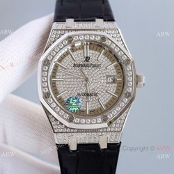 Diamond Audemars Piguet Royal Oak 15400 Watch With Black Leather Strap Best Replica