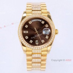 (EW) Swiss 1-1 Replica Rolex 36mm Day-Date Watch Chocolate Dial Center Diamonds Band