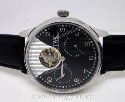 Fake IWC Portuguese Black FaceTourbillon Watch Leather Strap watches
