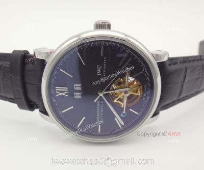 Clone IWC Tourbillon Men Watch IWC Portuguese Black Face Black Leather Strap watches