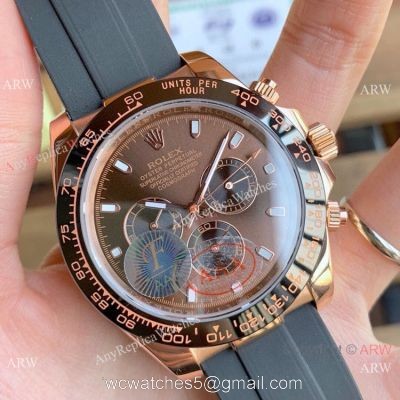 Copy Rolex Daytona 43mm Watch Rose Gold Chocolate Dial Rubber Strap watches