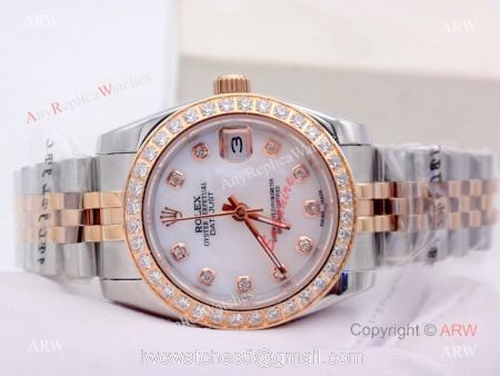 Copy Rolex Datejust Diamond Dial 2-Tone Rose Gold Jubilee White MOP Watch for Woman 31mm watches
