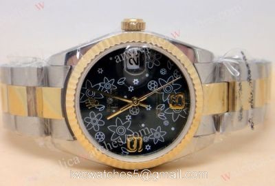 Replica Rolex Datejust watch Two Tone Oyster Black Flower Dial watches