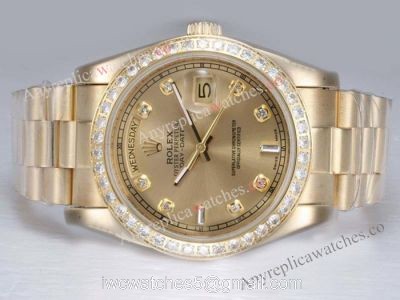Copy Rolex Gold DayDate Watch Diamond Bezel Gold Face watches