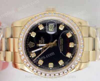 Rolex Datejust Replica Watch Gold Presidential Band Diamond Bezel Black Face watches