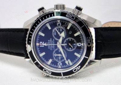 Replica Omega Watch: Omega Seamaster Knockoff Co-Axial Black Chronograph Leather Strap watches
