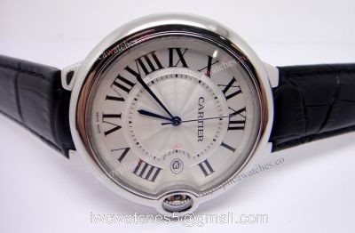 Balloon Blue Fake Cartier Watches Sale SS Silver Face with Black Leather Strap watches