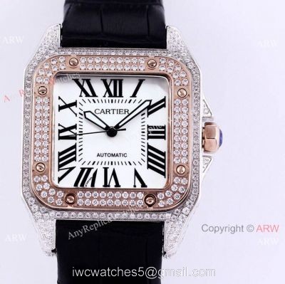 Iced Out Cartier Santos Automatic Watch Replica Two Tone Rose Gold watches