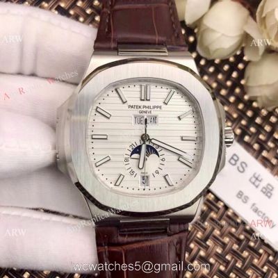 New Patek Philippe Nautilus White Face Annual Calendar Watch Brown Leather Strap watches