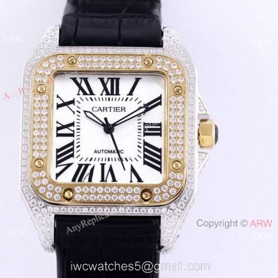 Iced Out Cartier Santos Watch Two Tone Case Automatic Movement watches
