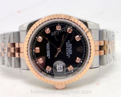 Rolex Datejust Black Dial Two tone Rose Gold Diamond Replica Watch watches