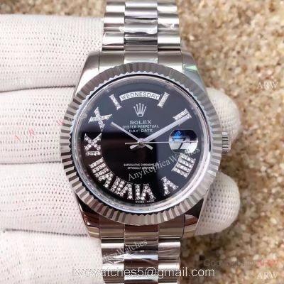 High Quality Copy Rolex Day-Date 40MM Watch MingZhu Movement SS Black Diamond Roman Face watches