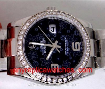 Rolex Datejust Watch SS Oyster Black Flower Face Diamond Bezel watches