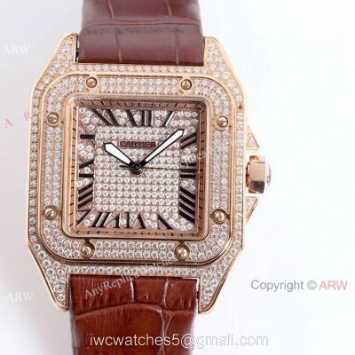 Iced Out Cartier Santos Diamond Watch Automatic Brown Leather Strap watches