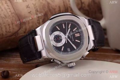 Best Patek Philippe Replica Watch: Patek Philippe Nautilus SS Black Leather Strap Watch watches