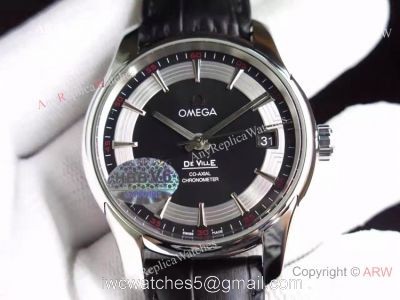Swiss Omega De Ville Fake SS Black Leather Watch 8500 Movement watches