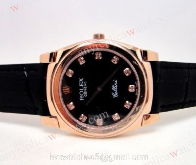 Rolex Cellini Rose Gold Black Diamond Markers Black Leather Japan Grade watches