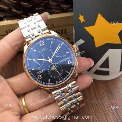 Replica IWC Portuguese Black Face Watch Two Tone Rose Gold Moonphase watches
