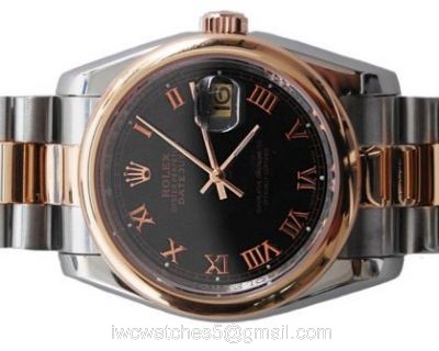 Rolex 2-Tone Rose Gold Black Roman Round Bezel Datejust Genuine Watch watches
