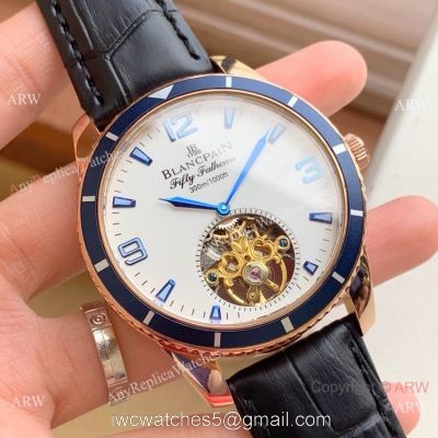 Copy Blancpain Fifty Fathoms Tourbillon Watch Rose Gold Blue bezel watches