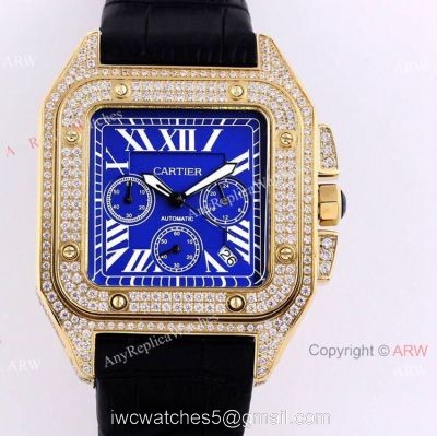 Iced Out Cartier Santos VK Chronograph Watch Blue Dial 45mm watches