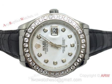 Rolex White MOP Face Diamond Bezel Black Leather Band Watch watches