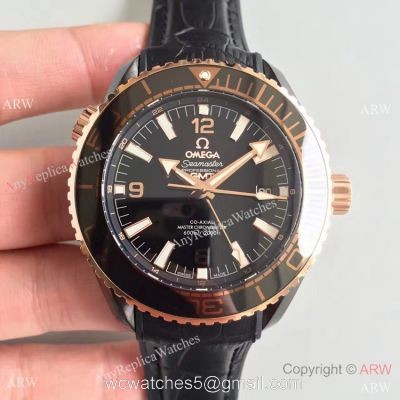 Swiss Replica Omega Seamaster Planet Ocean Deep Black GMT Ceramic Rose Gold Watch watches