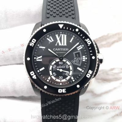 Swiss Replica Calibre De Cartier Diver Black PVD Watch Silver Fluted Bezel watches