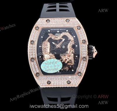 KV Factory Crazy Richard Mille RM051 Tiger Dragon rose gold with diamonds Skeleton Replica Watches watches