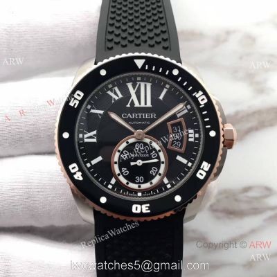 Swiss Grade Cartier Calibre Diver 42mm Watch Rose Gold Fluted Bezel watches