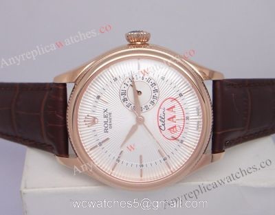 Rolex Geneve Cellini Date Watch Replica Rose Gold White dial Brown Leather watches