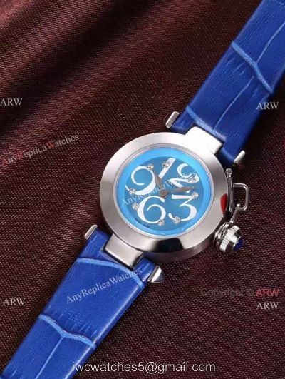 Best AAA Cartier Pasha Copy Watch SS Blue Dial Blue Leather 28mm watches