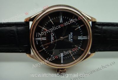 Rolex Geneve Cellini Time Watch Replica Rose Gold Black Face Black Leather watches