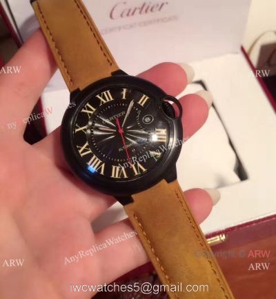 Buy Replica Cartier Ballon Bleu Automatic Watch Brown Leather ADLC coating Case watches