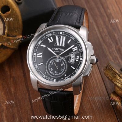 Replica Cartier Calibre de Cartier Men Watches SS Black Leather Strap watches