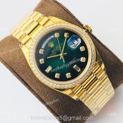 (EWF )Swiss 3255 Rolex Oyster Perpetual Day Date Fake Watch Yellow Gold Green Dial watches