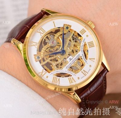 Jaeger-LeCoultre Yellow Gold Skeleton Copy Watch Brown Leather Strap watches