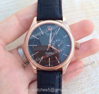 Rolex Geneve Cellini Black Date Watch Replica Rose Gold Black Leather watches