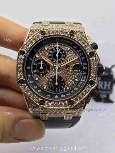 Replica Audemars Piguet Watch Rose Gold Case diamond dial diamond bezel Black Leather watches