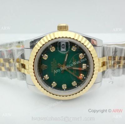 Replica Diamond Rolex Datejust 2-Tone Green Face Watch 31mm Ladies watches