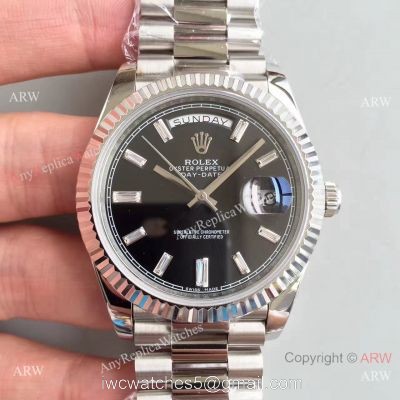 Rolex Day-Date II Watch Replica Stainless Steel Black Face Diamond Markers watches