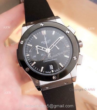 New Replica Hublot Classic Fusion Chrono Watches Black Bezel Black Rubber Band watches