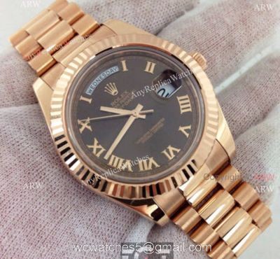 Replica Rolex Day Date II Watch Rose Gold Brown Roman Markers watches