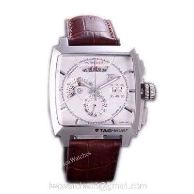 Tag Heuer Monaco Quartz Calibre 12 Copy Watch White Chronograph Brown Leather Strap watches